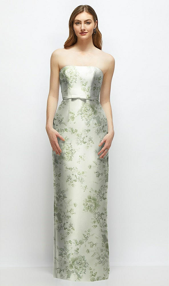 Front View - Sage Cottage Rose Floral Strapless Satin Column Dress with Bow-Trimmed Skinny Belt