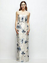 Front View Thumbnail - Inkwash Blue Floral Floral Strapless Satin Column Dress with Bow-Trimmed Skinny Belt
