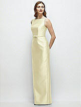 Side View Thumbnail - Butter Yellow Bateau Neck Satin Column Dress with Bow-Trimmed Skinny Belt