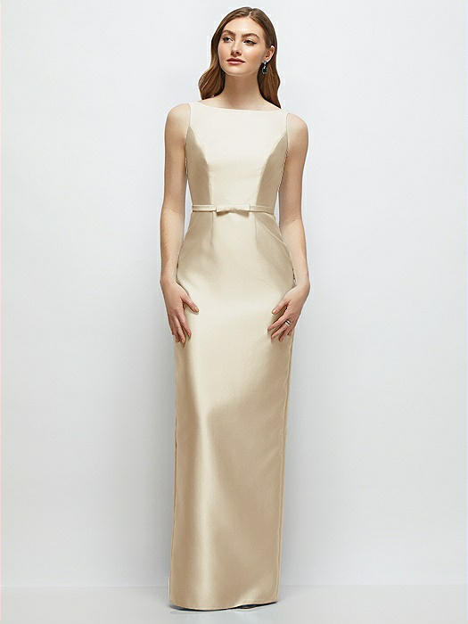 Bateau Neck Satin Column Dress with Bow-Trimmed Skinny Belt