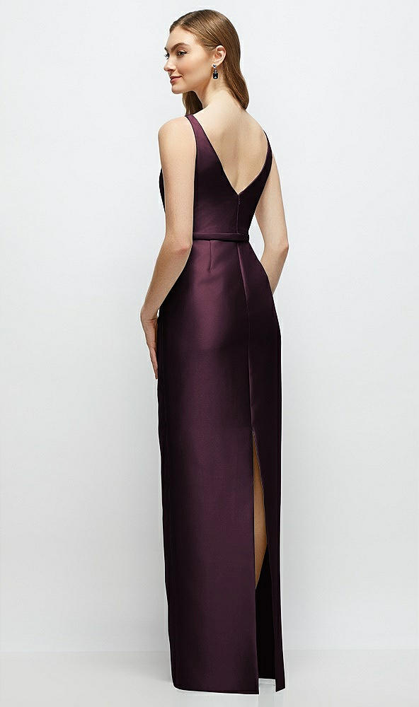 Back View - Deep Plum Bateau Neck Satin Column Dress with Bow-Trimmed Skinny Belt