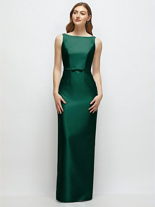 Bateau Neck Satin Column Dress with Bow-Trimmed Skinny Belt