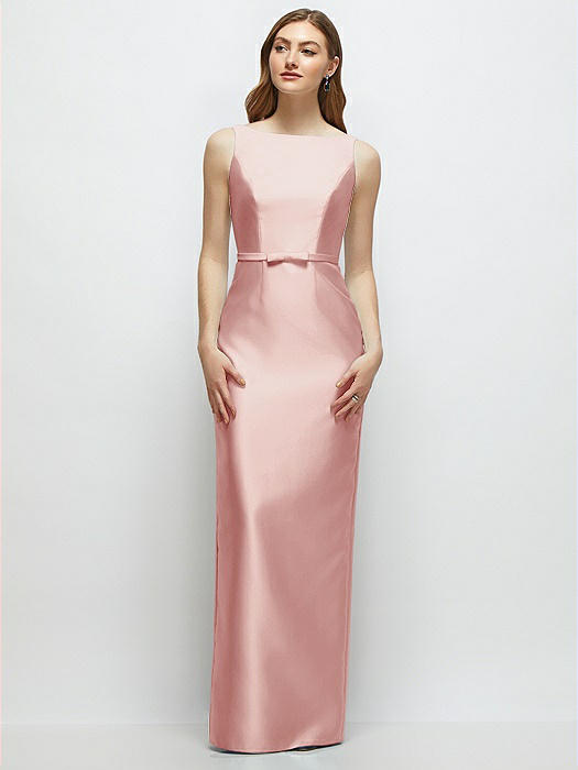 Bateau Neck Satin Column Dress with Bow-Trimmed Skinny Belt