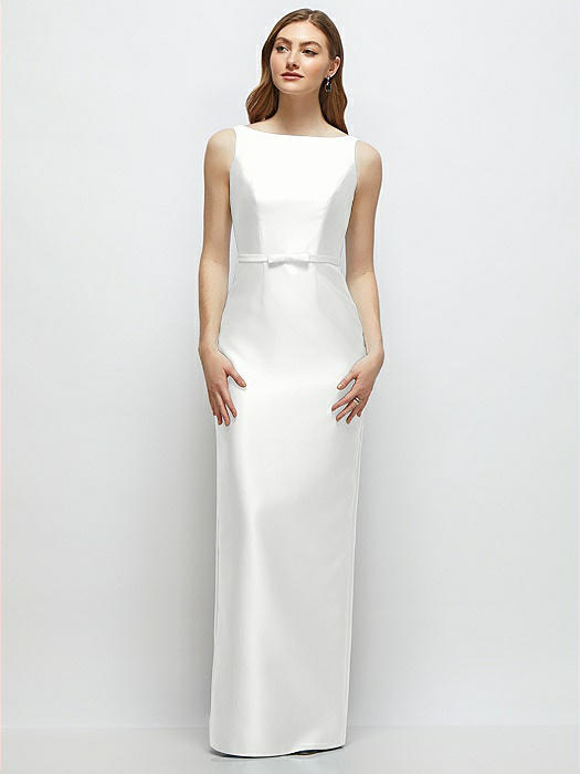 Bateau Neck Satin Column Dress with Bow-Trimmed Skinny Belt
