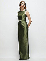 Side View Thumbnail - Olive Green Bateau Neck Satin Column Dress with Bow-Trimmed Skinny Belt