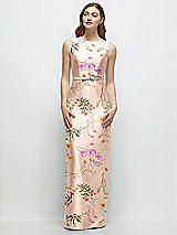 Side View Thumbnail - Butterfly Botanica Pink Sand Floral Bateau Neck Satin Column Dress with Bow-Trimmed Skinny Belt