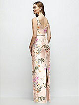 Rear View Thumbnail - Butterfly Botanica Pink Sand Floral Bateau Neck Satin Column Dress with Bow-Trimmed Skinny Belt