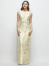 Side View Thumbnail - Butter Yellow Floral Floral Bateau Neck Satin Column Dress with Bow-Trimmed Skinny Belt