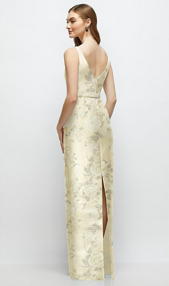 Back View - Butter Yellow Floral Floral Bateau Neck Satin Column Dress with Bow-Trimmed Skinny Belt