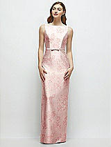 Side View Thumbnail - Bow And Blossom Print Floral Bateau Neck Satin Column Dress with Bow-Trimmed Skinny Belt