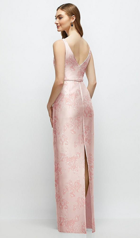 Back View - Bow And Blossom Print Floral Bateau Neck Satin Column Dress with Bow-Trimmed Skinny Belt