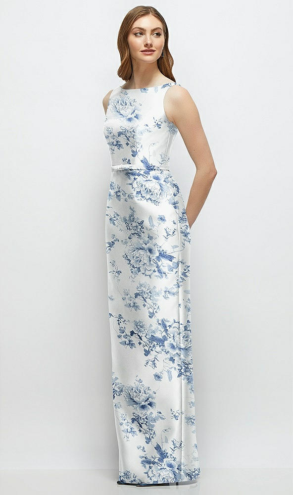 Front View - Cottage Rose Larkspur Floral Bateau Neck Satin Column Dress with Bow-Trimmed Skinny Belt