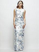 Side View Thumbnail - Cottage Rose Larkspur Floral Bateau Neck Satin Column Dress with Bow-Trimmed Skinny Belt