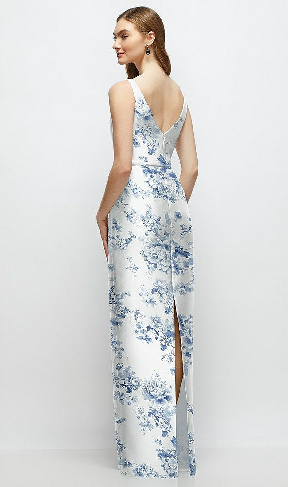 Back View - Cottage Rose Larkspur Floral Bateau Neck Satin Column Dress with Bow-Trimmed Skinny Belt