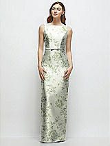 Side View Thumbnail - Sage Cottage Rose Floral Bateau Neck Satin Column Dress with Bow-Trimmed Skinny Belt
