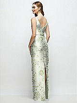 Rear View Thumbnail - Sage Cottage Rose Floral Bateau Neck Satin Column Dress with Bow-Trimmed Skinny Belt