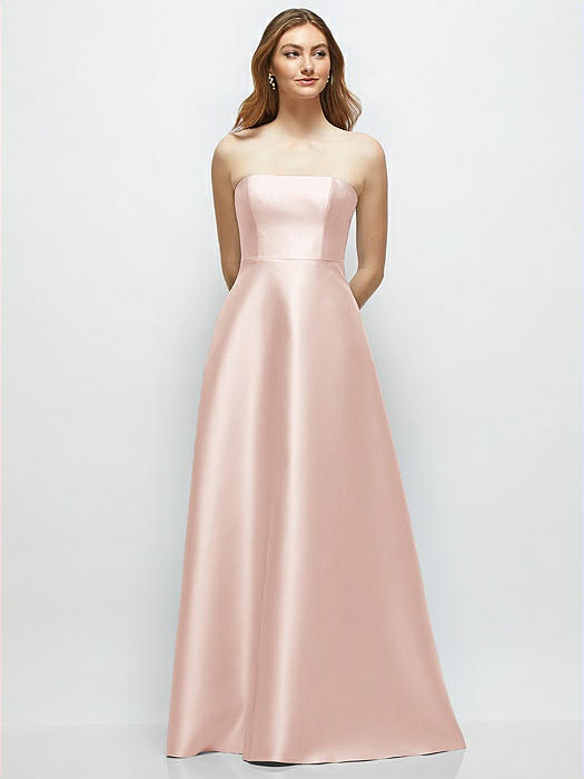 Strapless Satin Gown with Full Skirt and Covered Buttons at Back