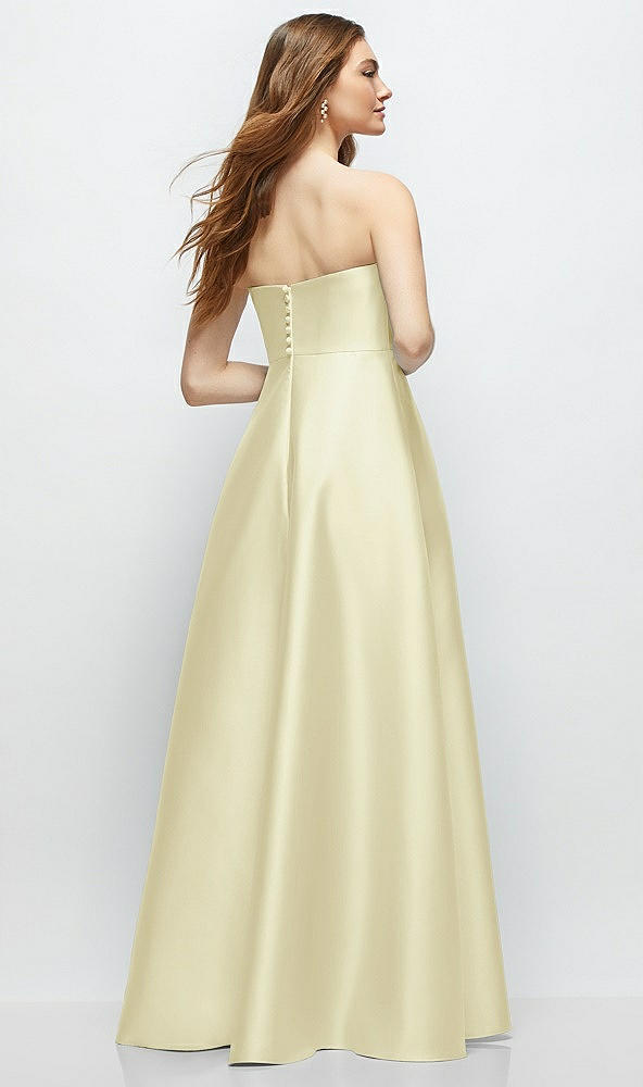 Back View - Butter Yellow Strapless Satin Gown with Full Skirt and Covered Buttons at Back