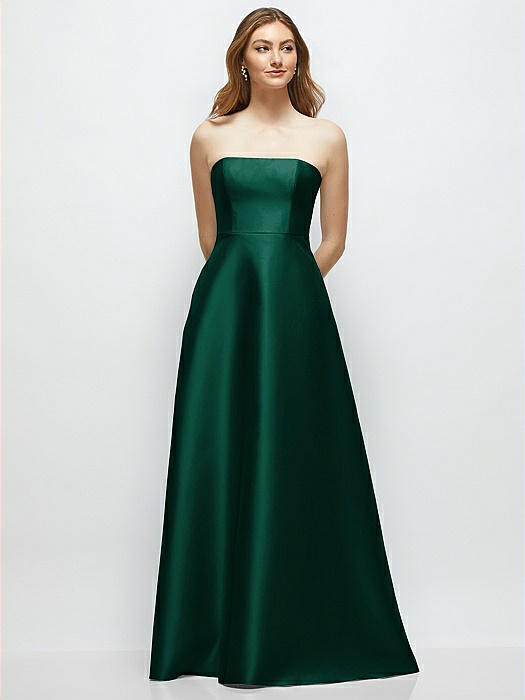 Strapless Satin Gown with Full Skirt and Covered Buttons at Back