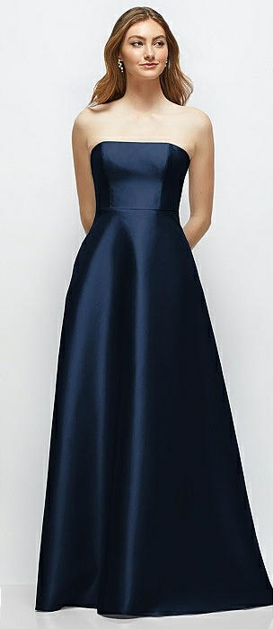 Strapless Satin Gown with Full Skirt and Covered Buttons at Back