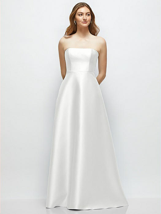 Strapless Satin Gown with Full Skirt and Covered Buttons at Back