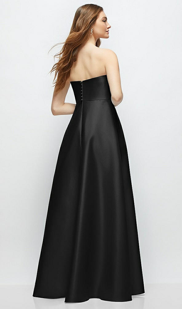 Back View - Black Strapless Satin Gown with Full Skirt and Covered Buttons at Back