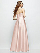 Rear View Thumbnail - Blush Strapless Satin Gown with Full Skirt and Covered Buttons at Back