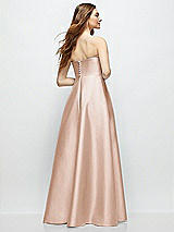 Rear View Thumbnail - Cameo Strapless Satin Gown with Full Skirt and Covered Buttons at Back