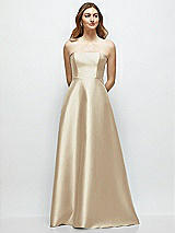 Front View Thumbnail - Champagne Strapless Satin Gown with Full Skirt and Covered Buttons at Back
