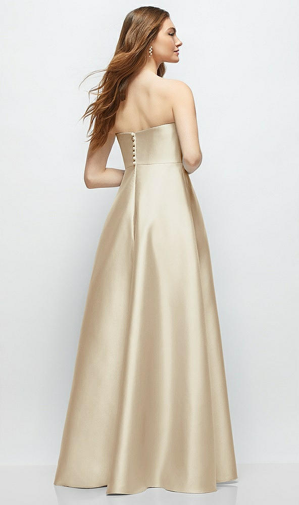 Back View - Champagne Strapless Satin Gown with Full Skirt and Covered Buttons at Back
