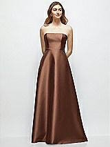 Front View Thumbnail - Cognac Strapless Satin Gown with Full Skirt and Covered Buttons at Back