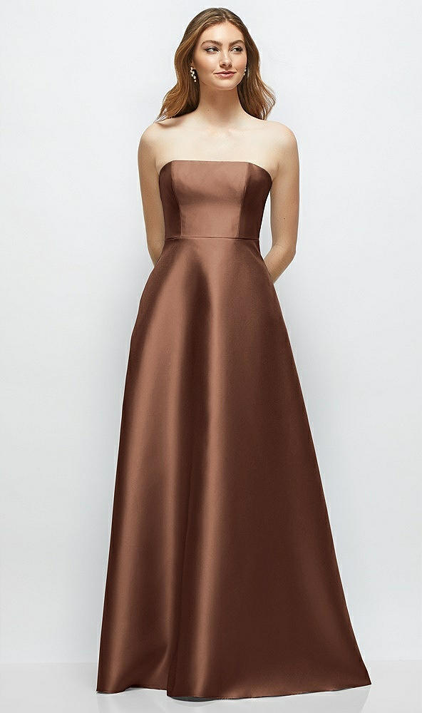 Front View - Cognac Strapless Satin Gown with Full Skirt and Covered Buttons at Back