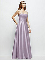 Side View Thumbnail - Lilac Haze Strapless Satin Gown with Full Skirt and Covered Buttons at Back