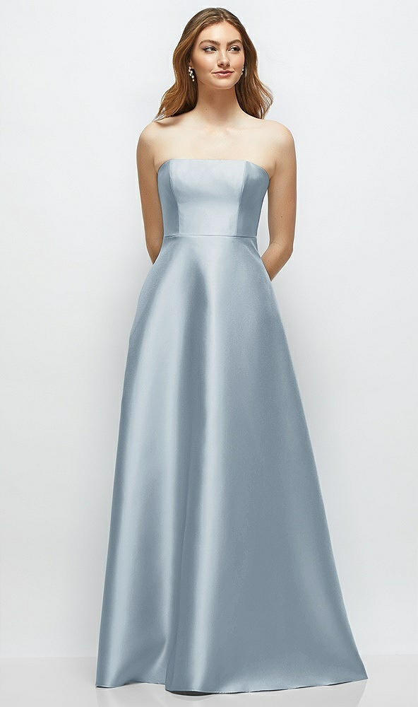 Front View - Mist Strapless Satin Gown with Full Skirt and Covered Buttons at Back