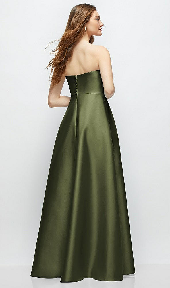 Back View - Olive Green Strapless Satin Gown with Full Skirt and Covered Buttons at Back