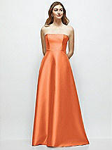 Front View Thumbnail - Portofino Orange Strapless Satin Gown with Full Skirt and Covered Buttons at Back
