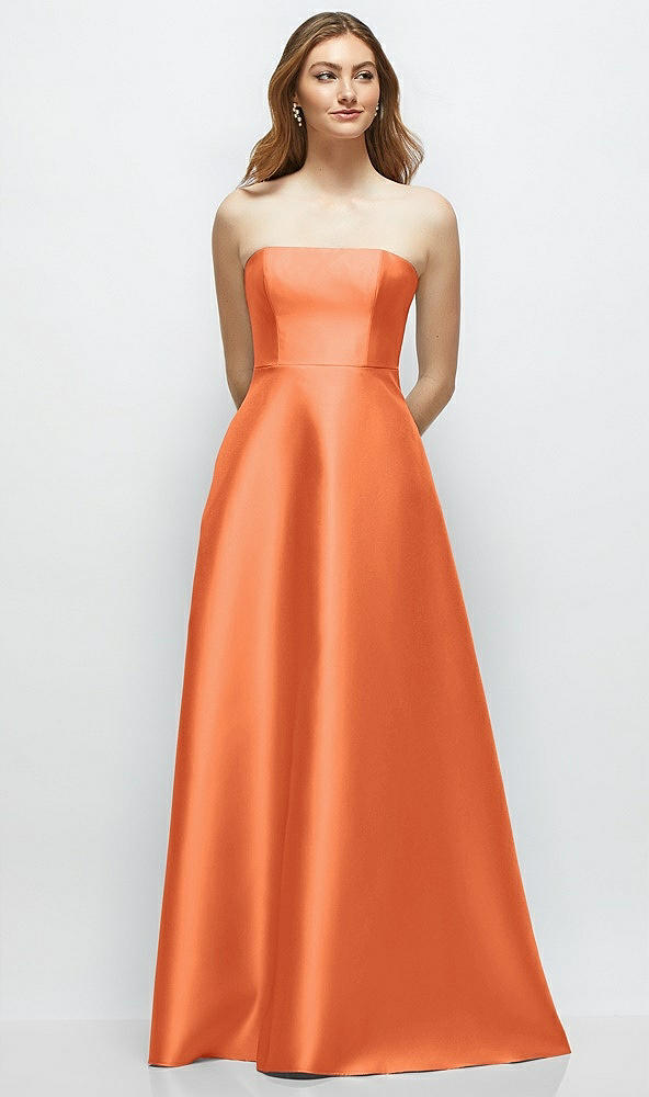 Front View - Portofino Orange Strapless Satin Gown with Full Skirt and Covered Buttons at Back