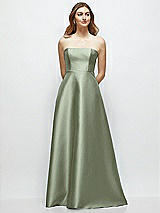 Front View Thumbnail - Sage Strapless Satin Gown with Full Skirt and Covered Buttons at Back
