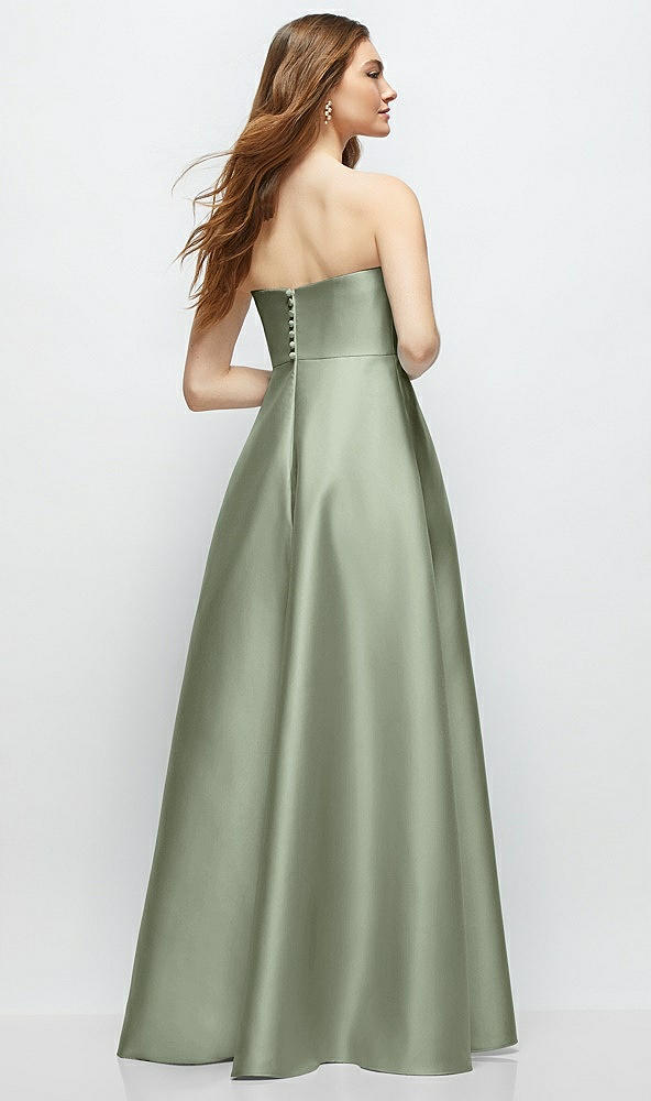 Back View - Sage Strapless Satin Gown with Full Skirt and Covered Buttons at Back
