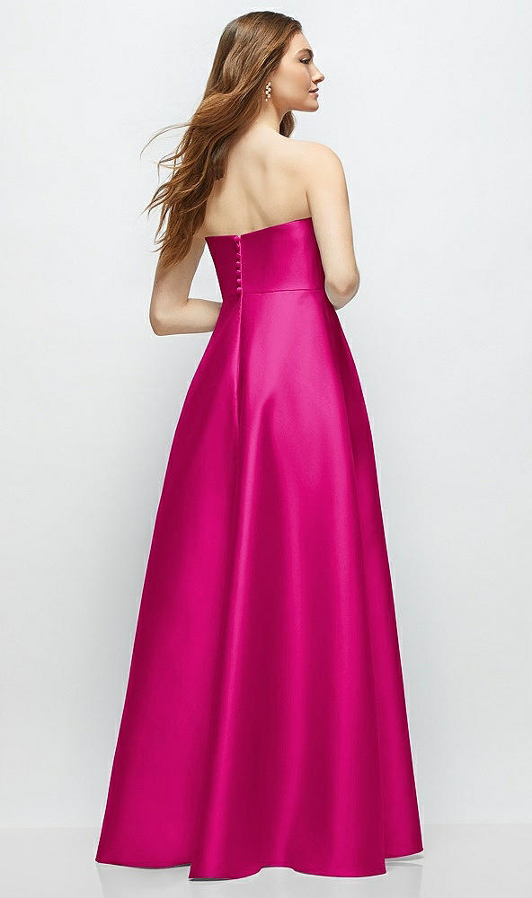 Back View - Think Pink Strapless Satin Gown with Full Skirt and Covered Buttons at Back