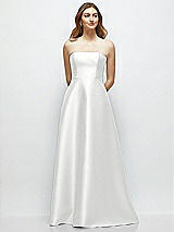 Front View Thumbnail - White Strapless Satin Gown with Full Skirt and Covered Buttons at Back