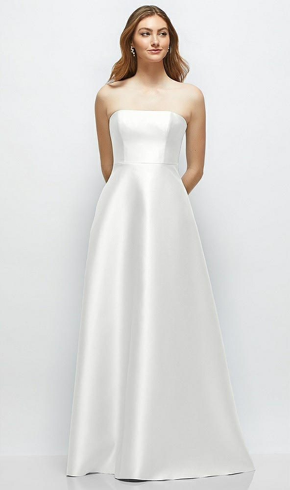 Front View - White Strapless Satin Gown with Full Skirt and Covered Buttons at Back