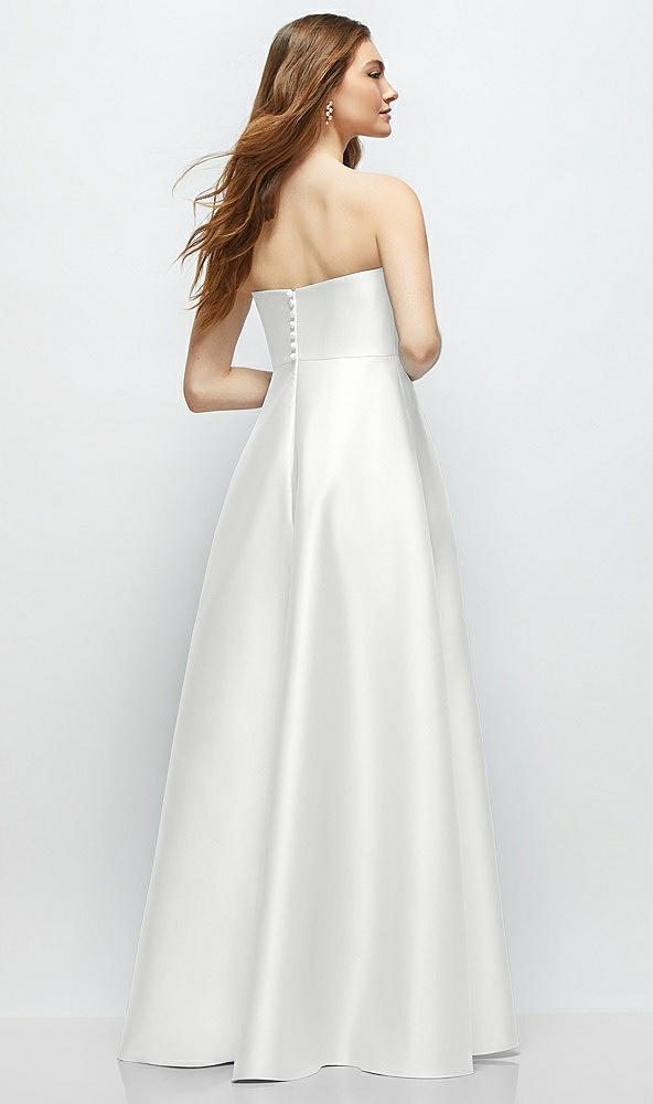 Back View - White Strapless Satin Gown with Full Skirt and Covered Buttons at Back