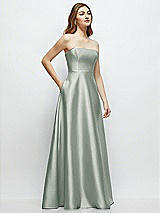 Side View Thumbnail - Willow Green Strapless Satin Gown with Full Skirt and Covered Buttons at Back