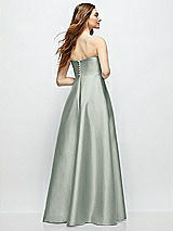 Rear View Thumbnail - Willow Green Strapless Satin Gown with Full Skirt and Covered Buttons at Back