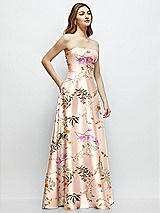 Side View Thumbnail - Butterfly Botanica Pink Sand Strapless Floral Satin Gown with Full Skirt and Covered Buttons at Back