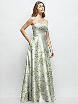 Side View Thumbnail - Sage Cottage Rose Strapless Floral Satin Gown with Full Skirt and Covered Buttons at Back