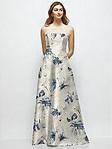 Front View Thumbnail - Inkwash Blue Floral Strapless Floral Satin Gown with Full Skirt and Covered Buttons at Back
