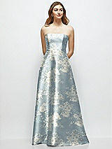 Front View Thumbnail - Porcelain Blue Seraphina Floral Strapless Floral Satin Gown with Full Skirt and Covered Buttons at Back