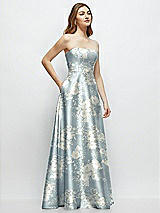 Side View Thumbnail - Porcelain Blue Seraphina Floral Strapless Floral Satin Gown with Full Skirt and Covered Buttons at Back